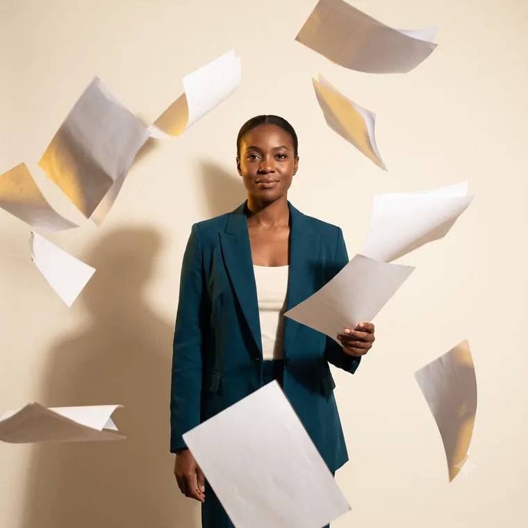 A calm professional as papers settle around her